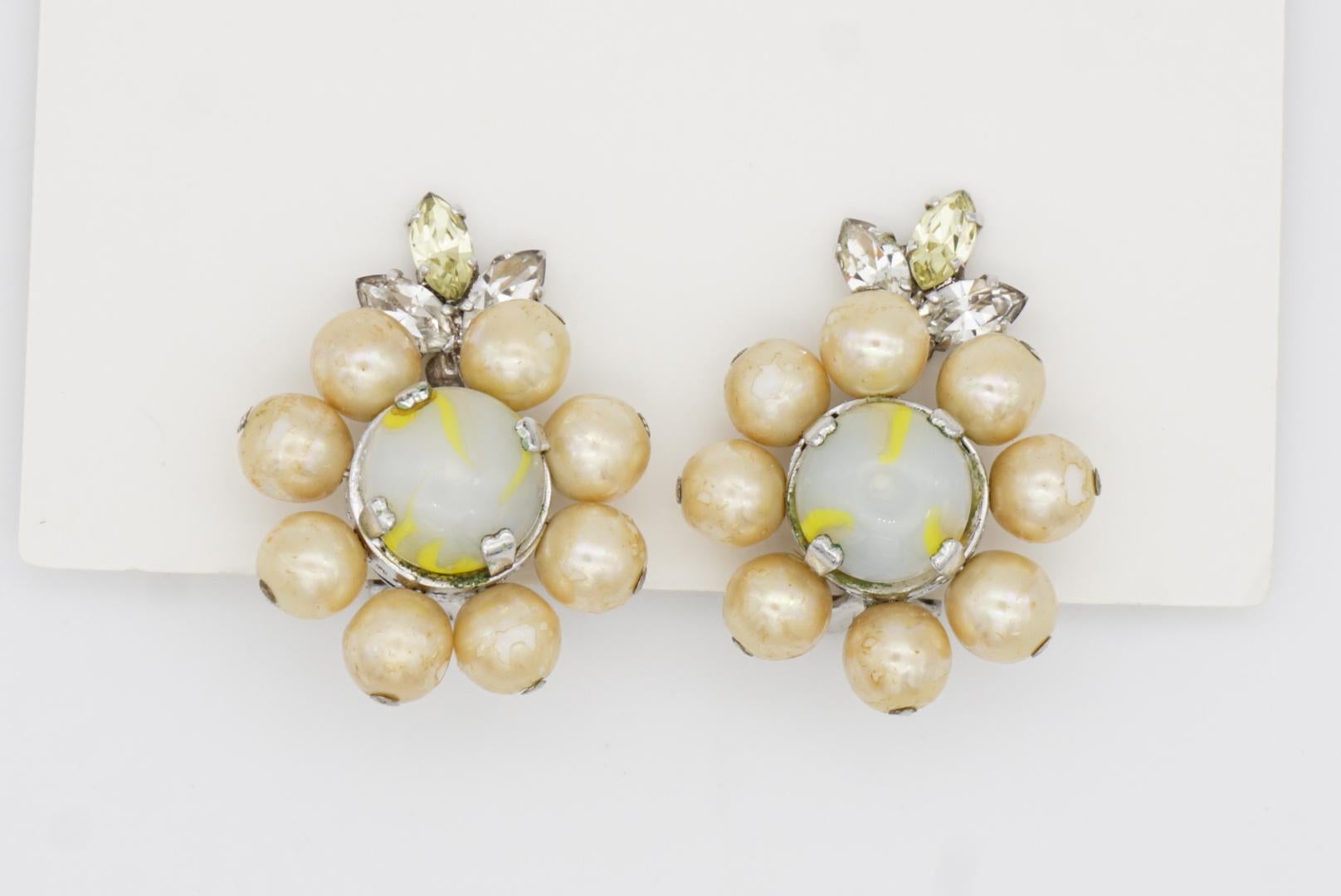 Christian Dior Vintage 1957 Light Green Yellow Pearls Crystals Flower Earrings 3