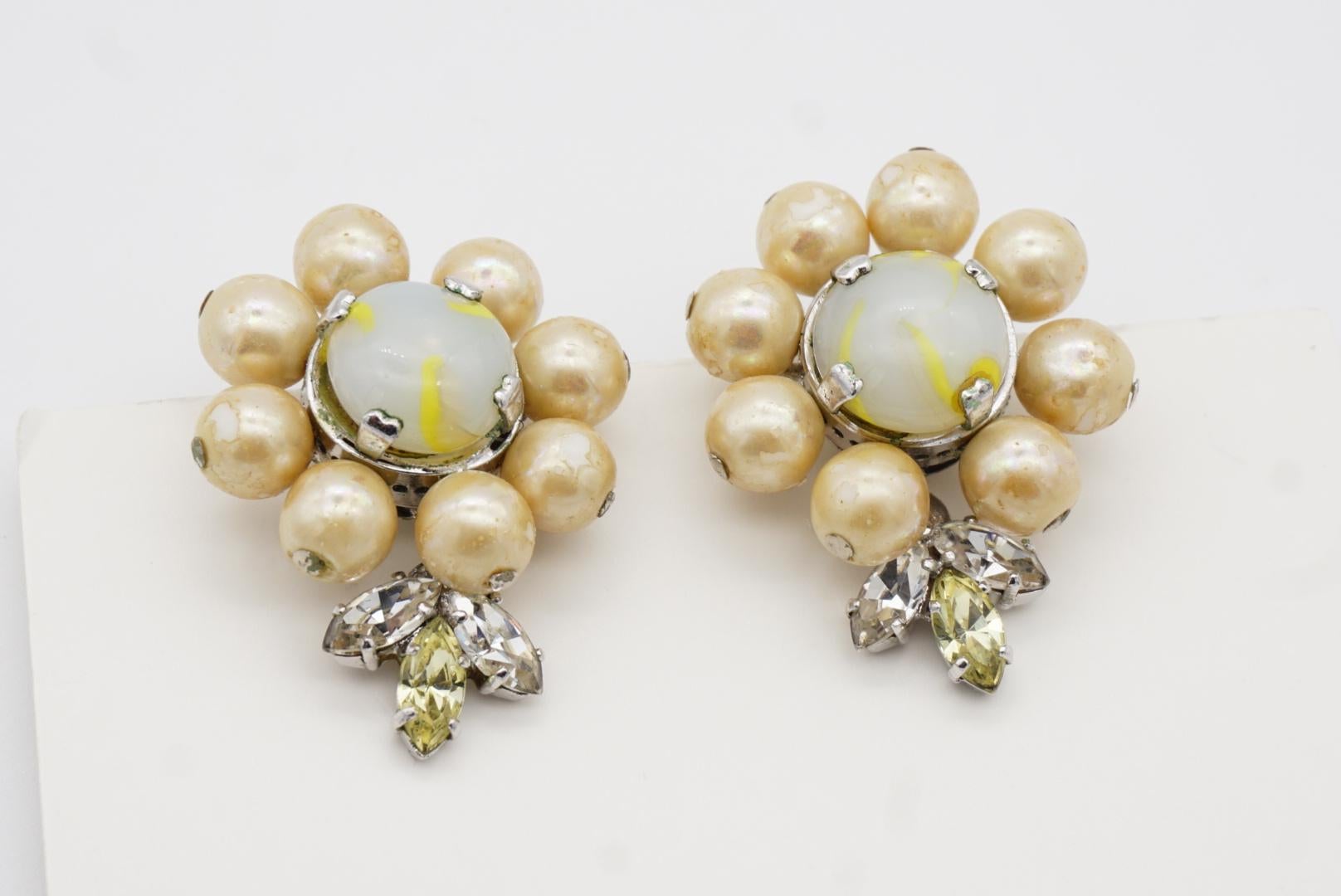 Christian Dior Vintage 1957 Light Green Yellow Pearls Crystals Flower Earrings 4