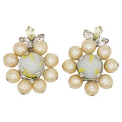 Christian Dior Vintage 1957 Light Green Yellow Pearls Crystals Flower Earrings
