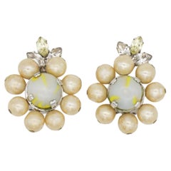 Christian Dior Vintage 1957 Light Green Yellow Pearls Crystals Flower Earrings