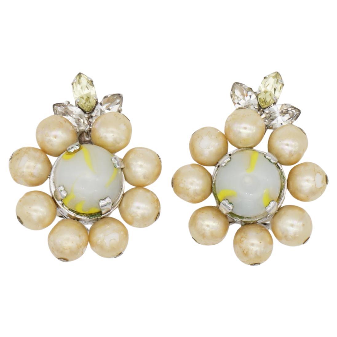 Christian Dior Vintage 1957 Light Green Yellow Pearls Crystals Flower Earrings For Sale