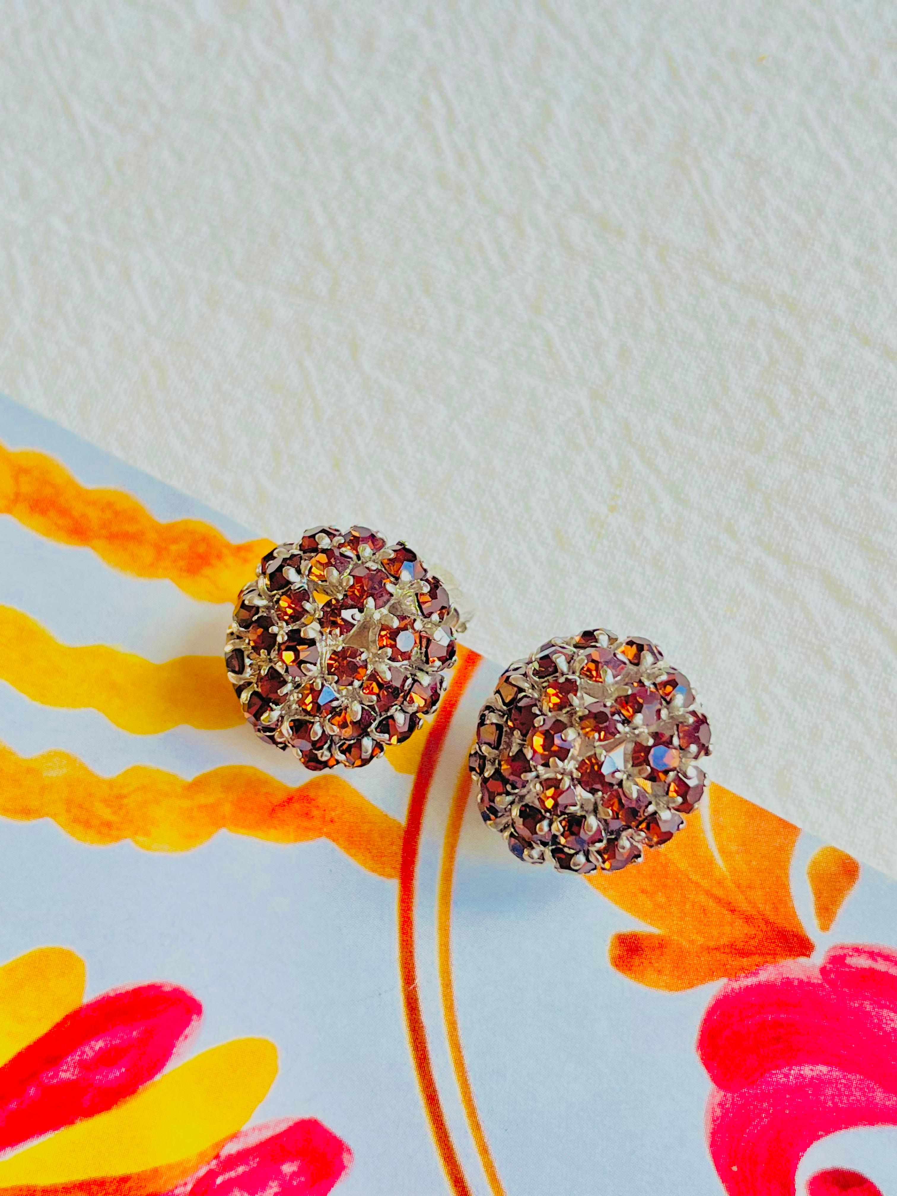 Art Deco Christian Dior Vintage 1960 Citrine Amber Whole Crystals Circle Dome Earrings For Sale