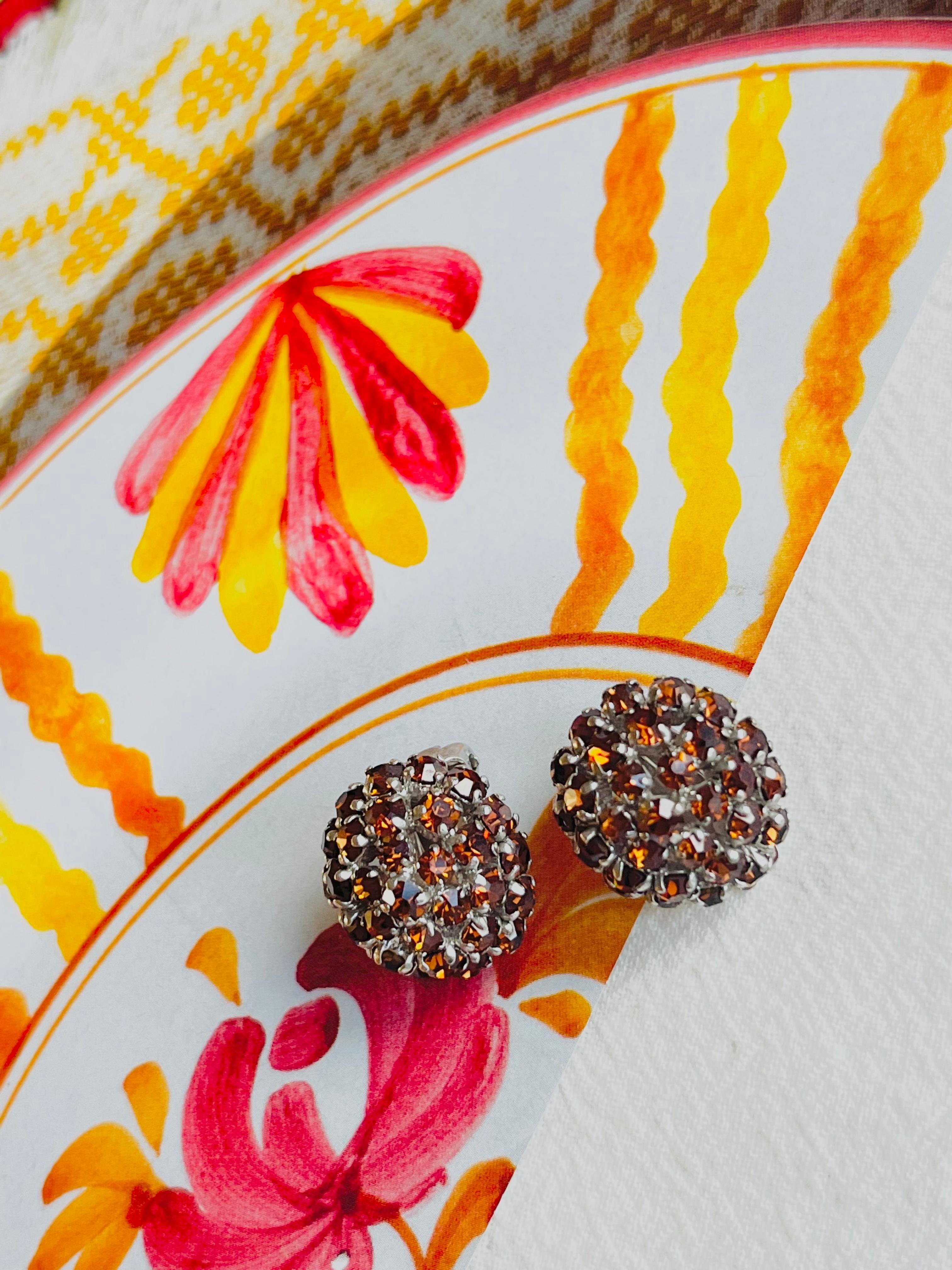 Christian Dior Vintage 1960 Citrine Amber Whole Crystals Circle Dome Earrings In Good Condition In Wokingham, England