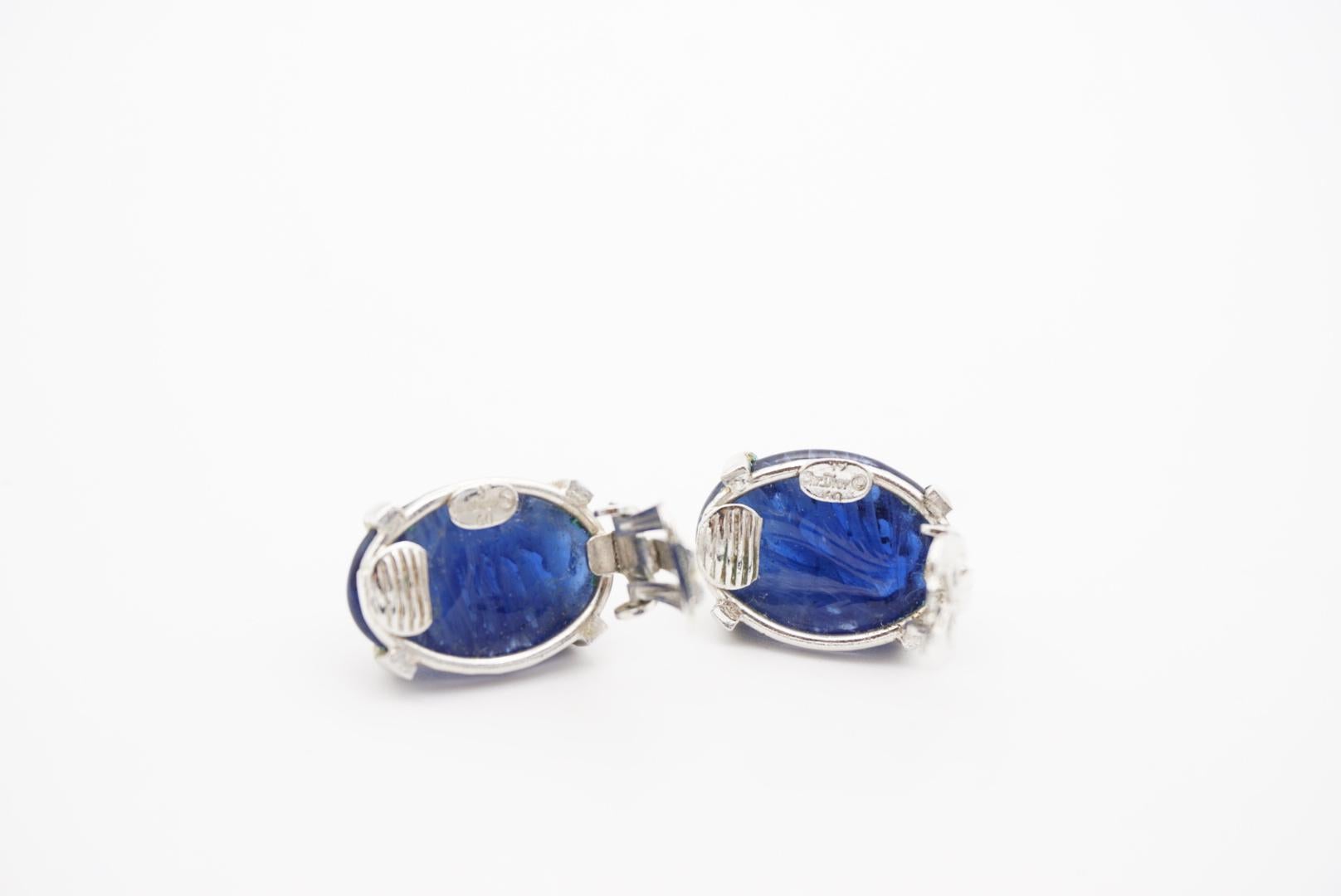 Christian Dior Vintage 1960 Textured Sapphire Navy Oval Silver Clip On Earrings For Sale 5