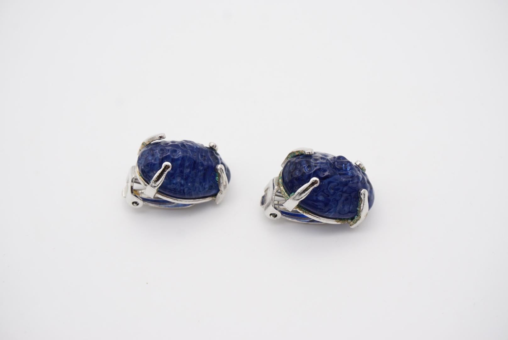 Christian Dior Vintage 1960 Textured Sapphire Navy Oval Silver Clip On Earrings For Sale 2