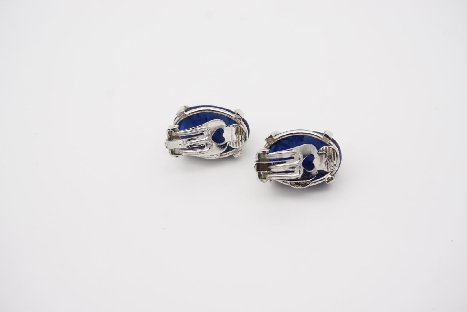 Christian Dior Vintage 1960 Textured Sapphire Navy Oval Silver Clip On Earrings For Sale 4