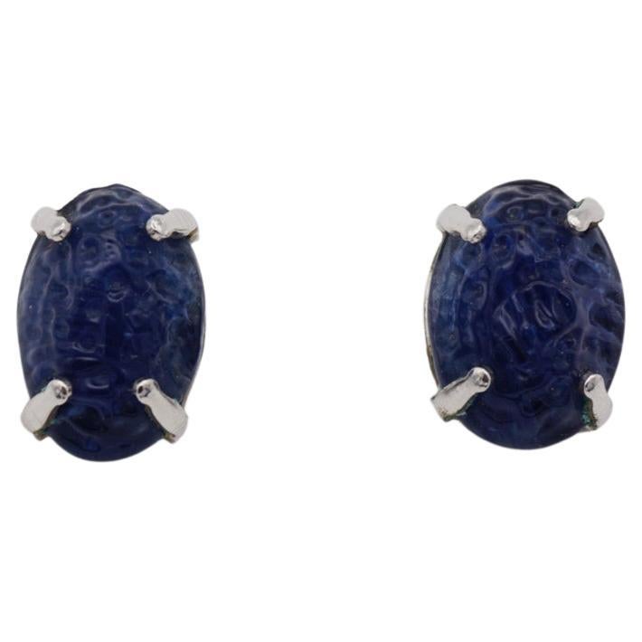 Christian Dior Vintage 1960 Textured Sapphire Navy Oval Silver Clip On Earrings en vente