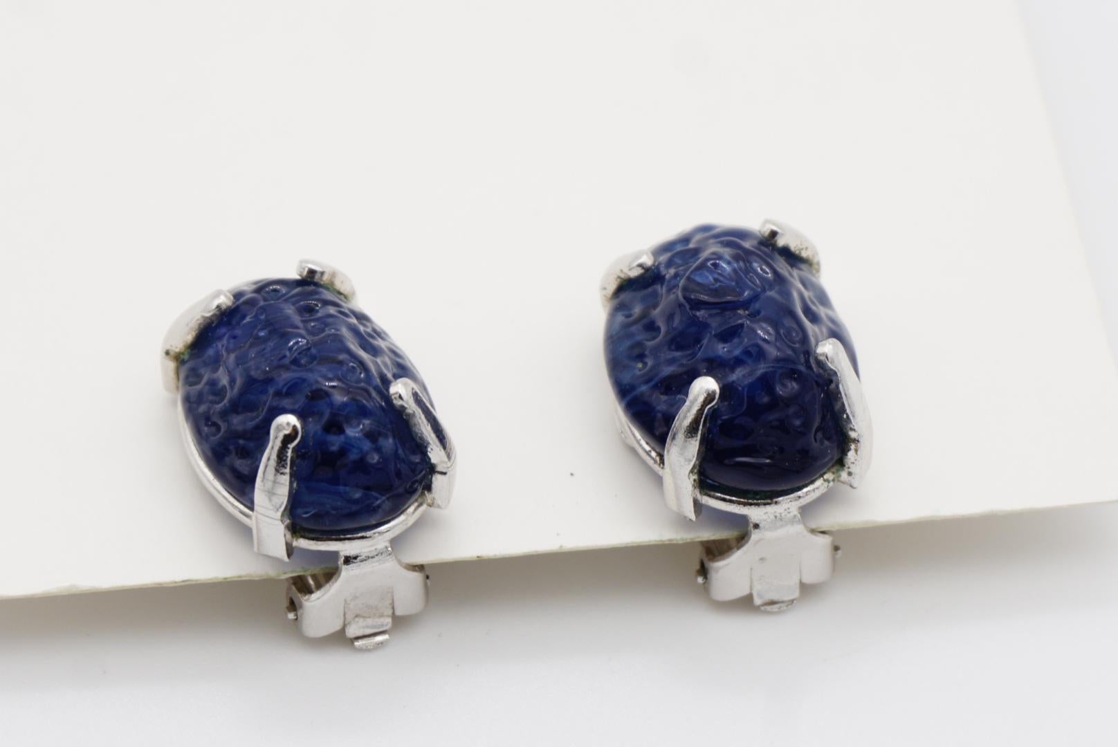 Christian Dior Vintage 1960 Textured Sapphire Navy Ripple Oval Clip Earrings For Sale 6