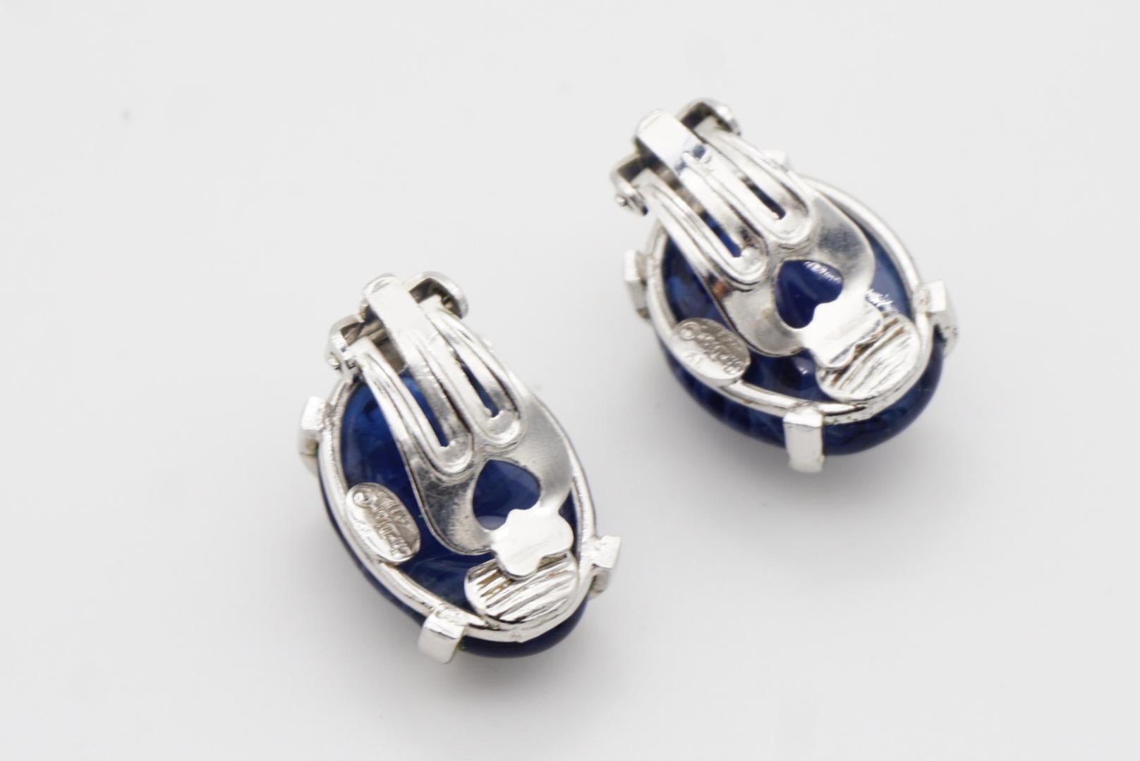 Christian Dior Vintage 1960 Textured Sapphire Navy Ripple Oval Clip Earrings For Sale 7