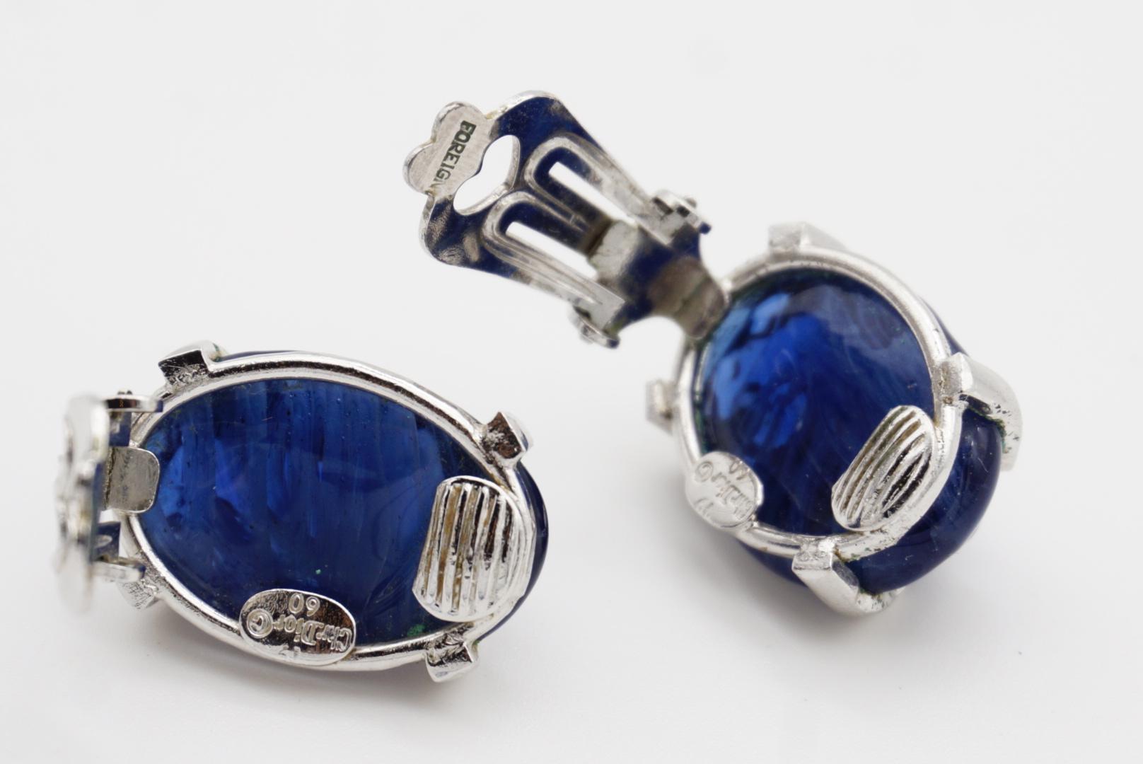 Christian Dior Vintage 1960 Textured Sapphire Navy Ripple Oval Clip Earrings For Sale 8