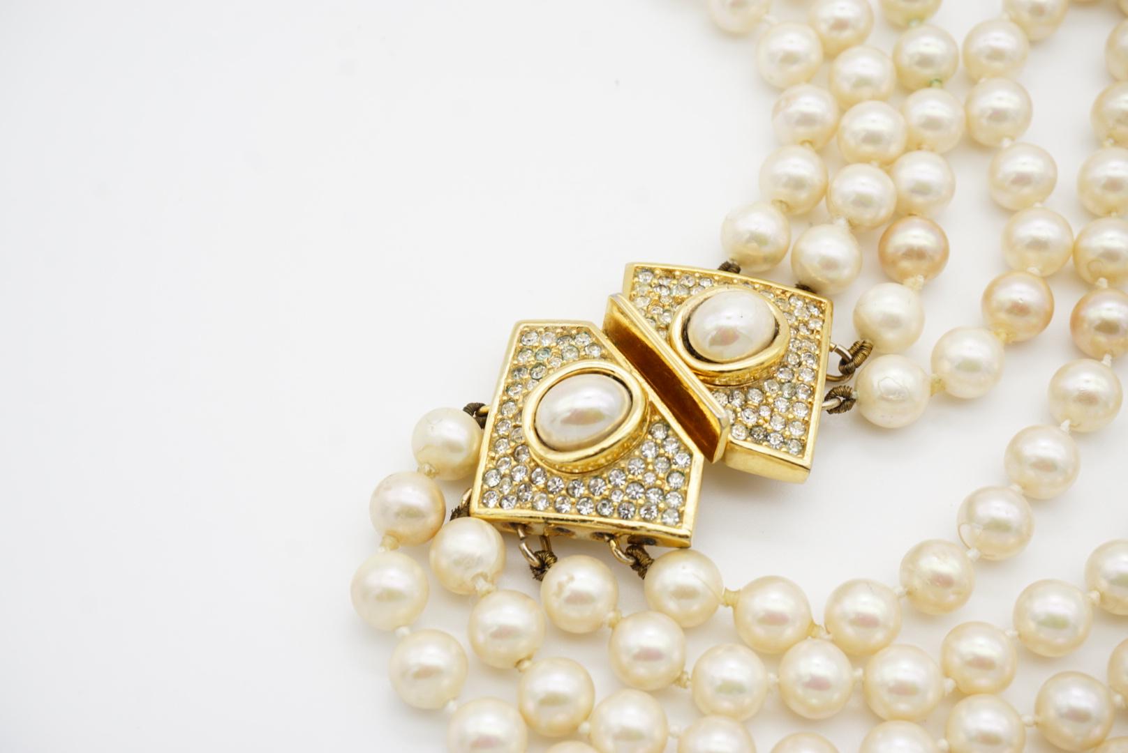 Christian Dior Vintage 1960s 4 Strands White Pearls Triangle Crystals Necklace For Sale 6