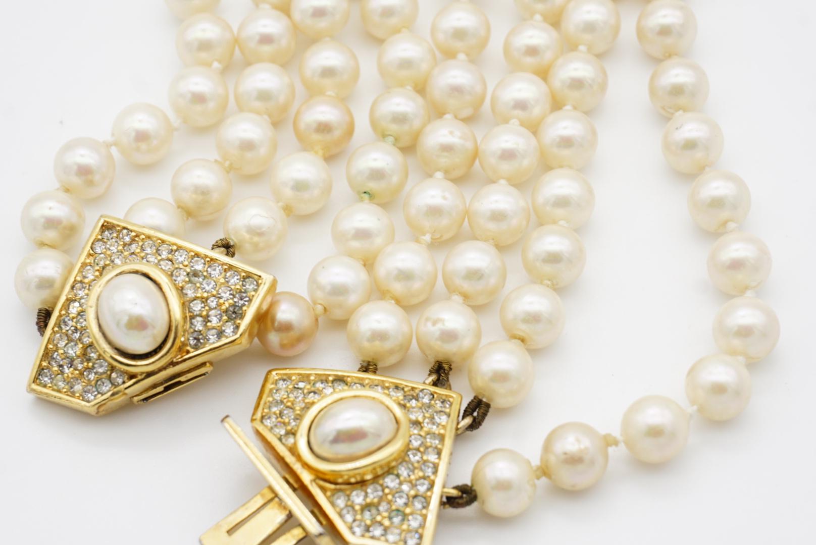 Christian Dior Vintage 1960s 4 Strands White Pearls Triangle Crystals Necklace For Sale 7