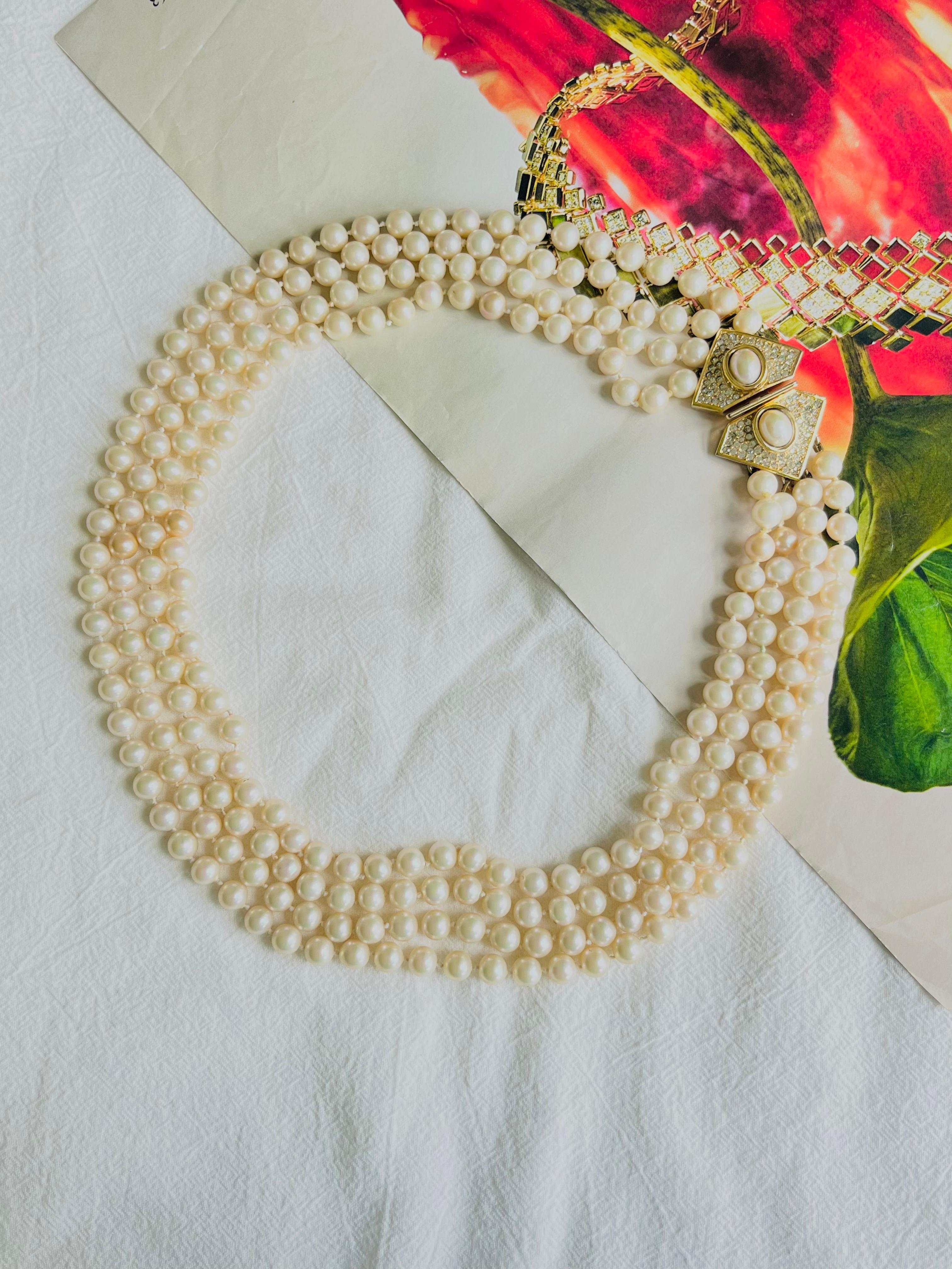 Art Deco Christian Dior Vintage 1960s 4 Strands White Pearls Triangle Crystals Necklace For Sale