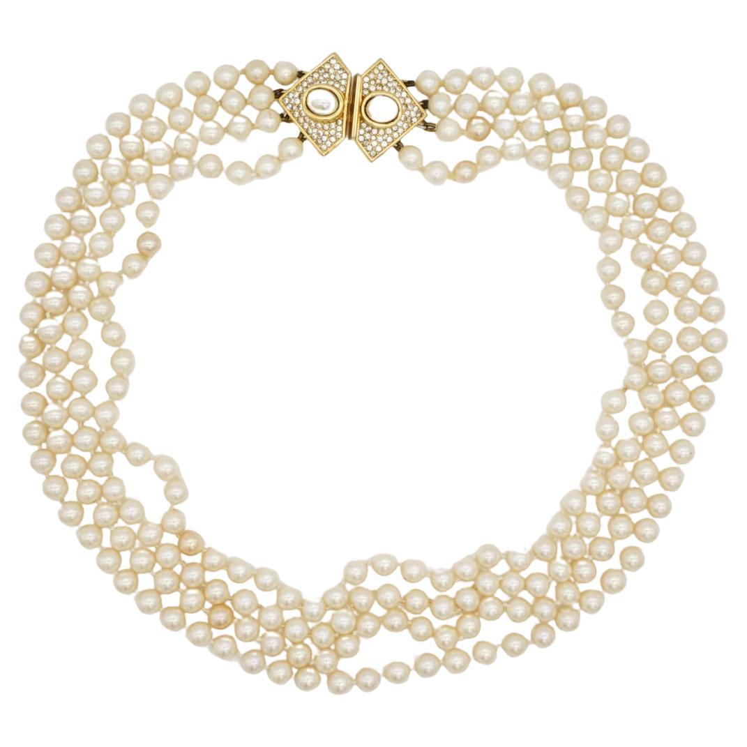 Christian Dior Vintage 1960s 4 Strands White Pearls Triangle Crystals Necklace For Sale