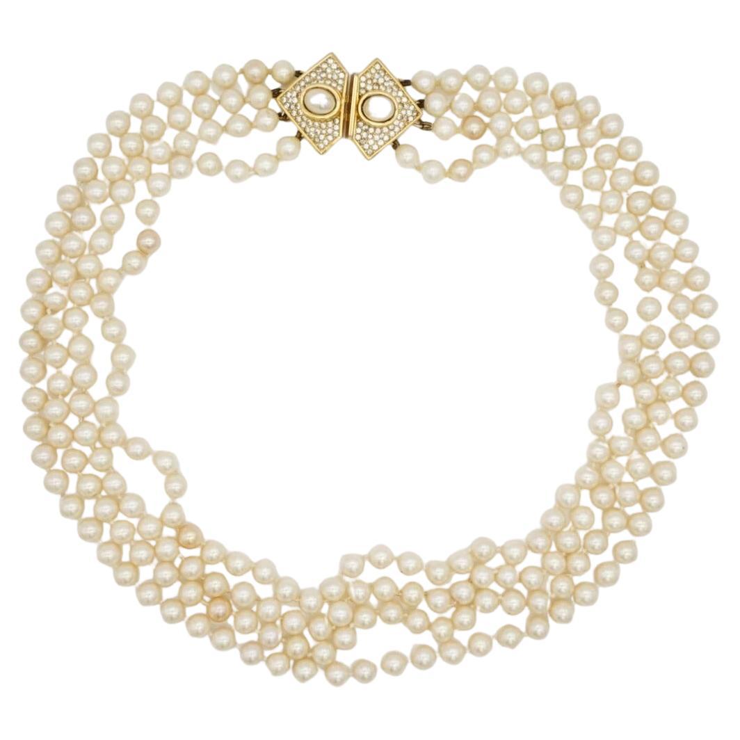 Christian Dior Vintage Años 60 Collar de 4 vueltas de perlas blancas y cristales en triángulo