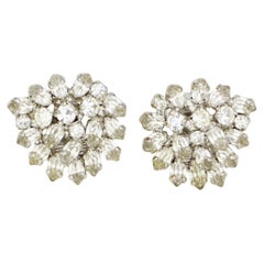Christian Dior Vintage 1960s Clear Whole Crystals Flower Marquise Clip Earrings