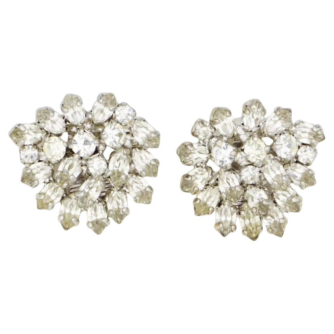 Christian Dior Vintage 1960s Clear Whole Crystals Flower Marquise Clip Earrings