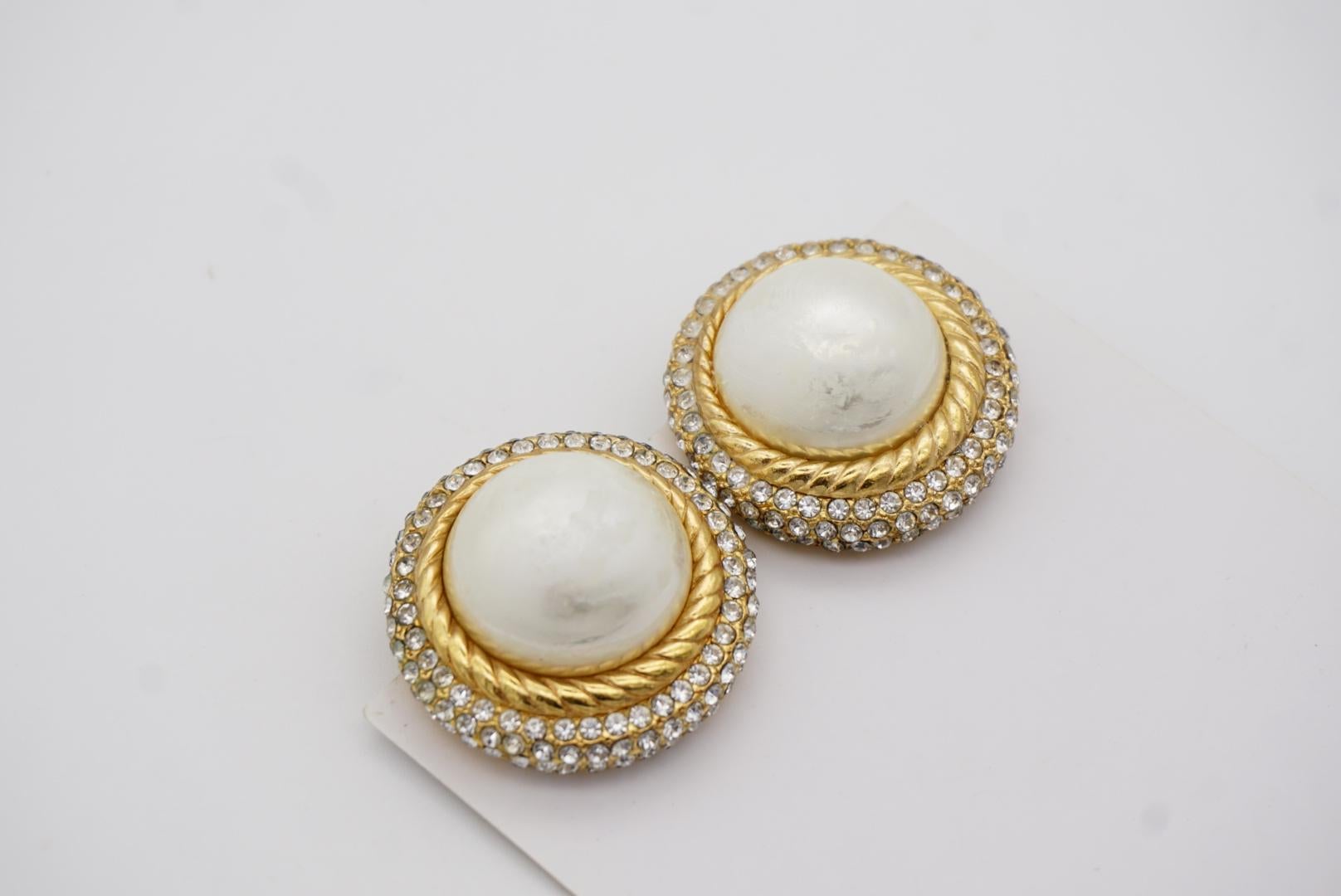 Women's or Men's Christian Dior Vintage 1960s Extra Large Round Matte Pearl Crystal Clip Earrings For Sale