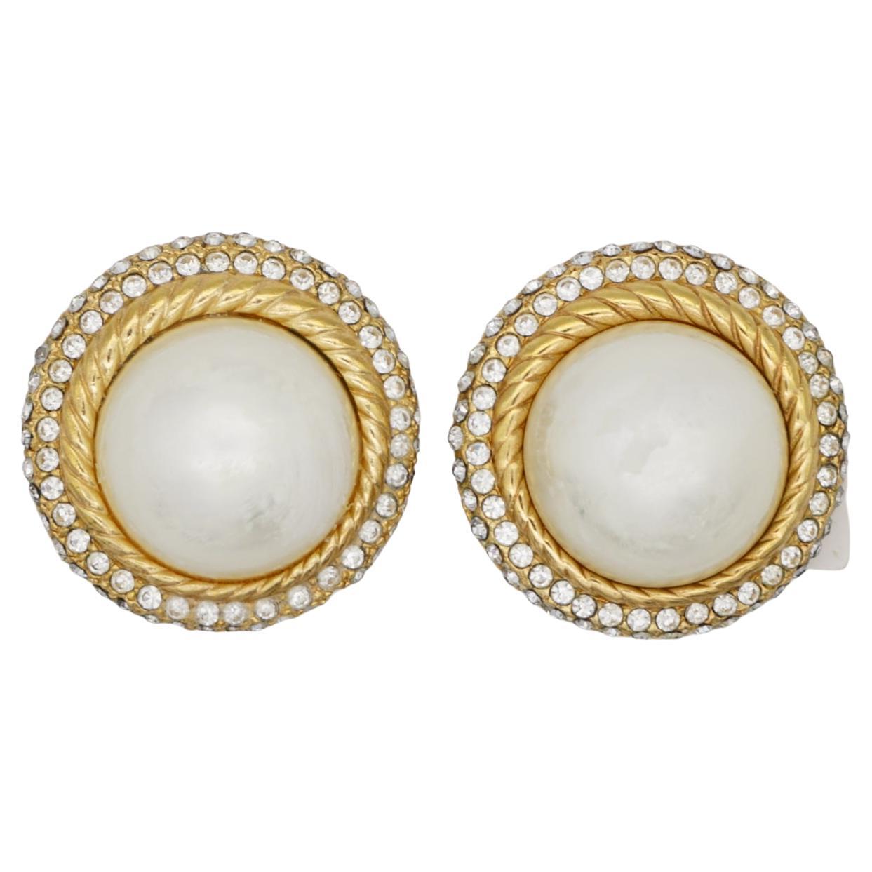 Christian Dior Vintage 1960s Extra Large Round Matte Pearl Crystal Clip Earrings For Sale
