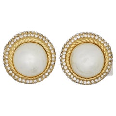 Christian Dior Retro 1960s Extra Large Round Matte Pearl Crystal Clip Earrings