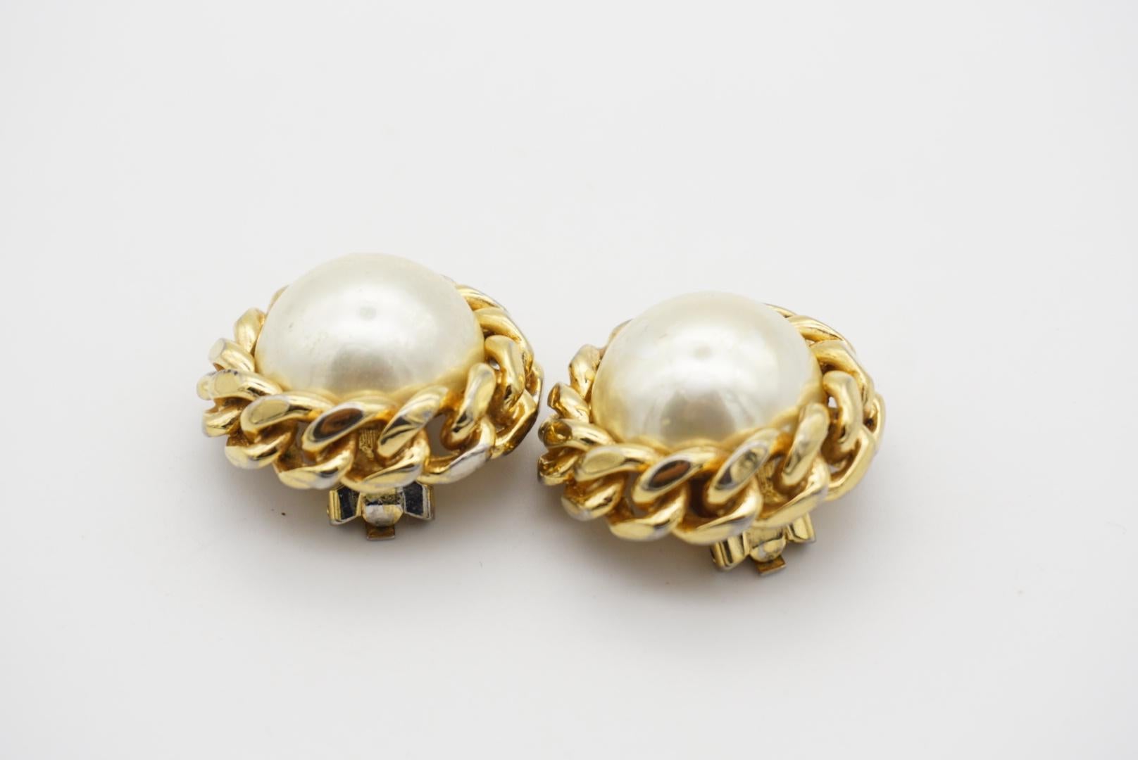 Christian Dior Vintage 1960s Extra Large Round Pearl Interlock Clip Earrings For Sale 3
