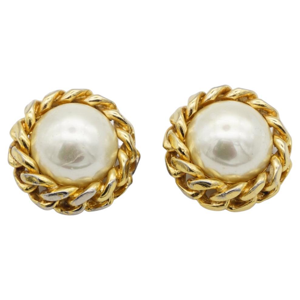 Christian Dior Vintage 1960s Extra Large Round Pearl Interlock Clip Earrings For Sale