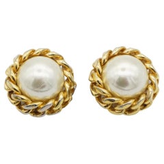 Christian Dior Retro 1960s Extra Large Round Pearl Interlock Clip Earrings