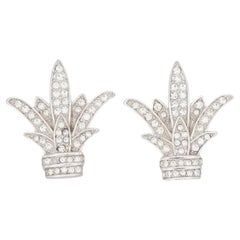 Christian Dior Retro 1960s Fleur De Lis Crystals Lily Flower Leaf Earrings