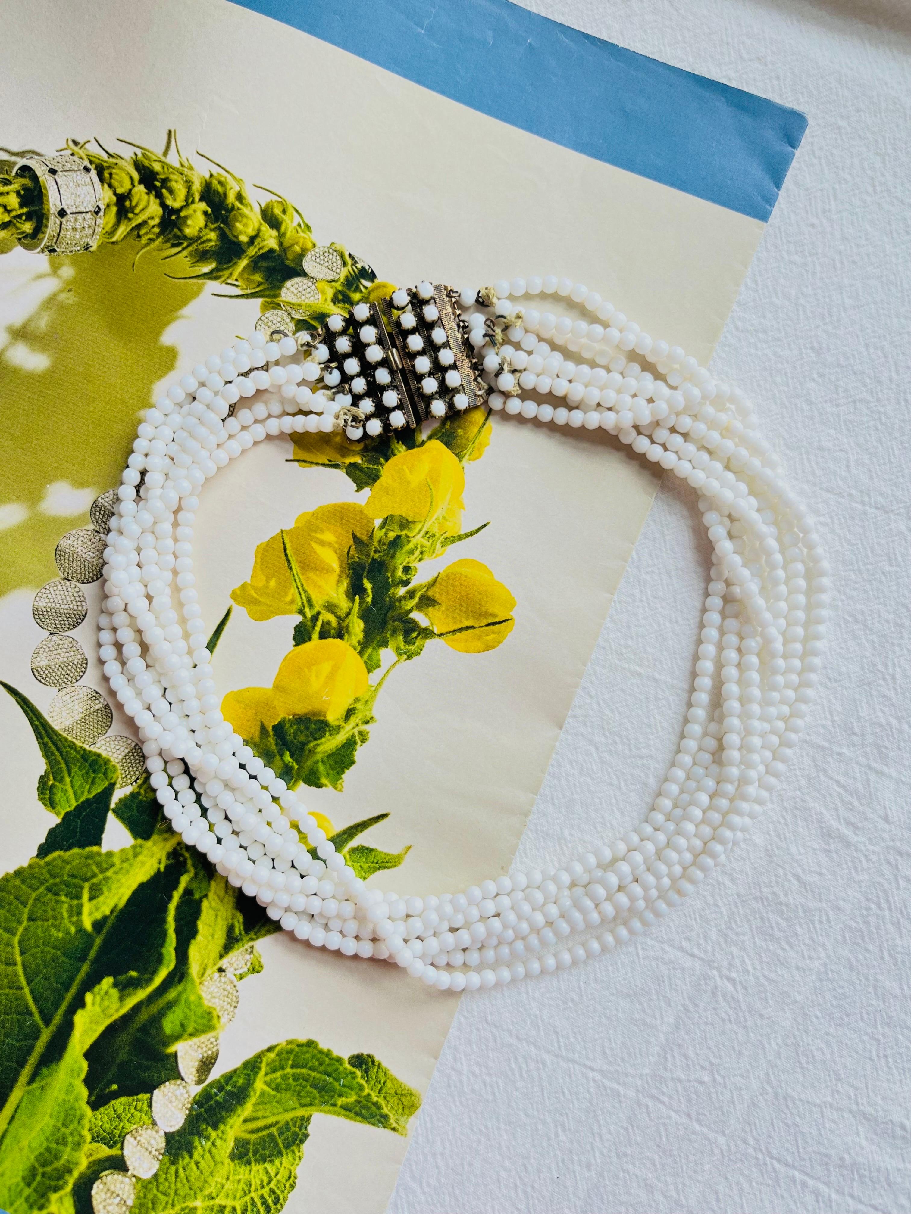 Art Deco Christian Dior Vintage 1962 Eight 8 Strand Milk White Glass Bead Layer Necklace