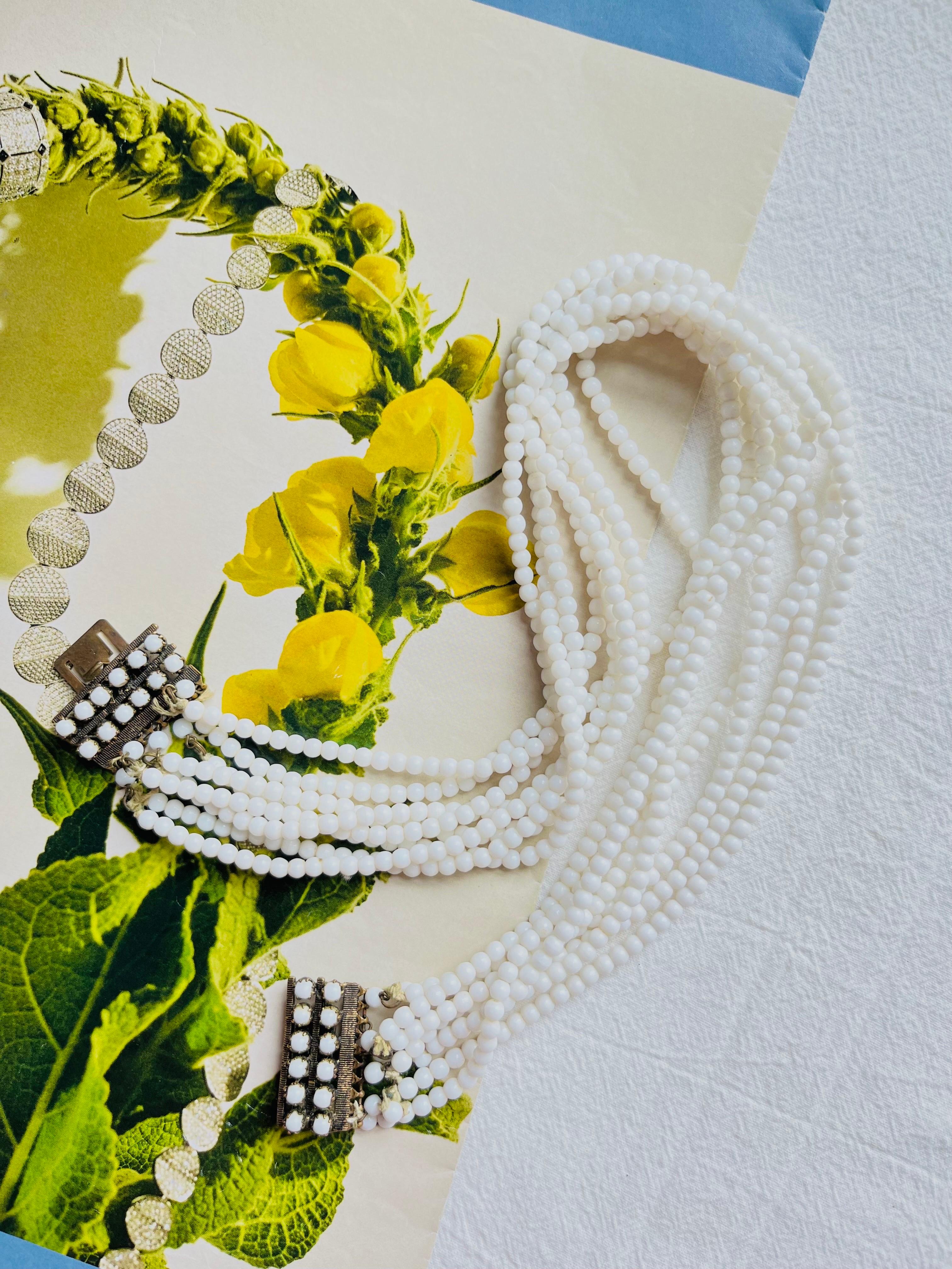 Christian Dior Vintage 1962 Eight 8 Strands Milk White Glass Bead Layer Necklace In Good Condition For Sale In Wokingham, England