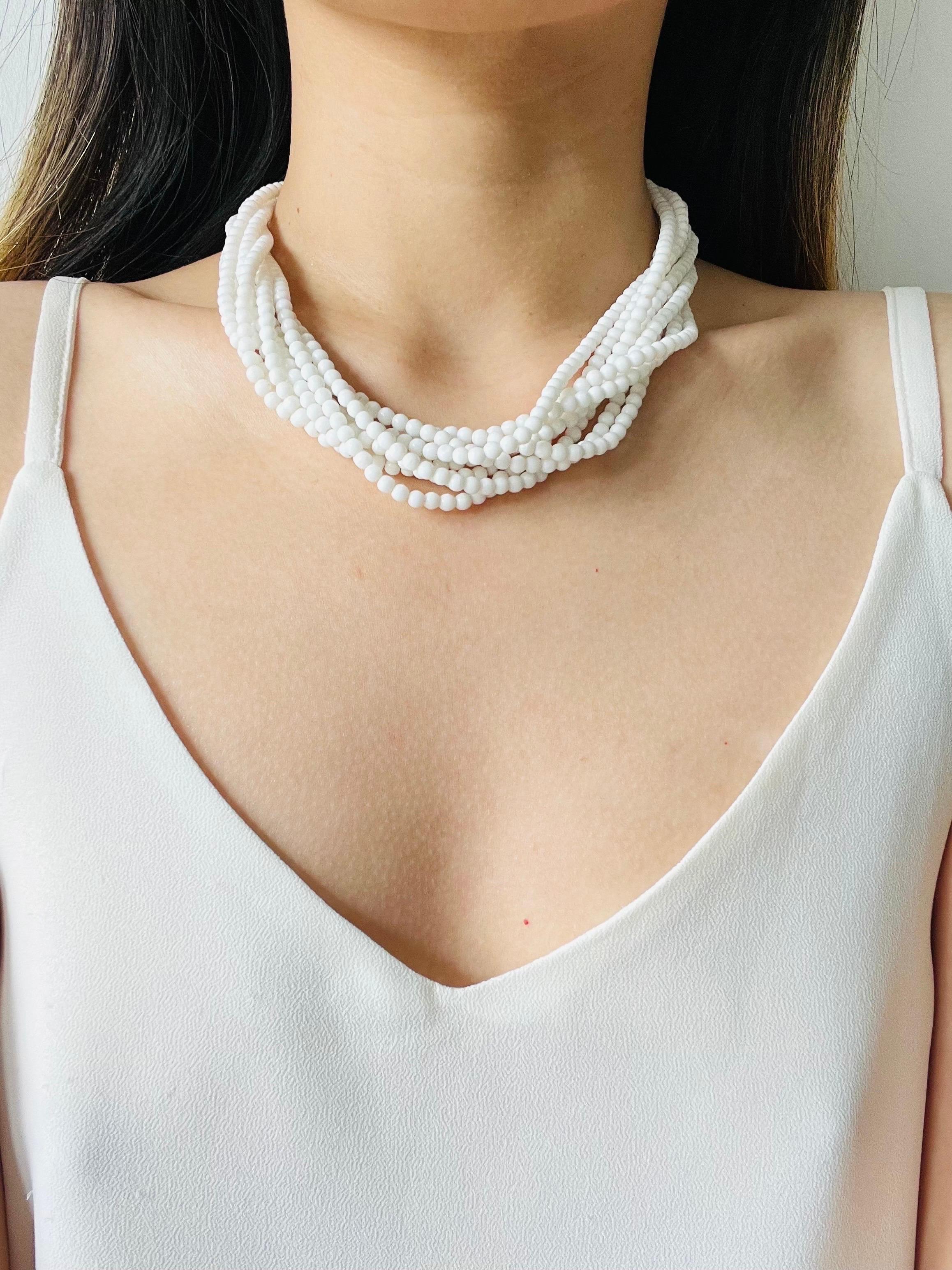 Women's or Men's Christian Dior Vintage 1962 Eight 8 Strands Milk White Glass Bead Layer Necklace For Sale