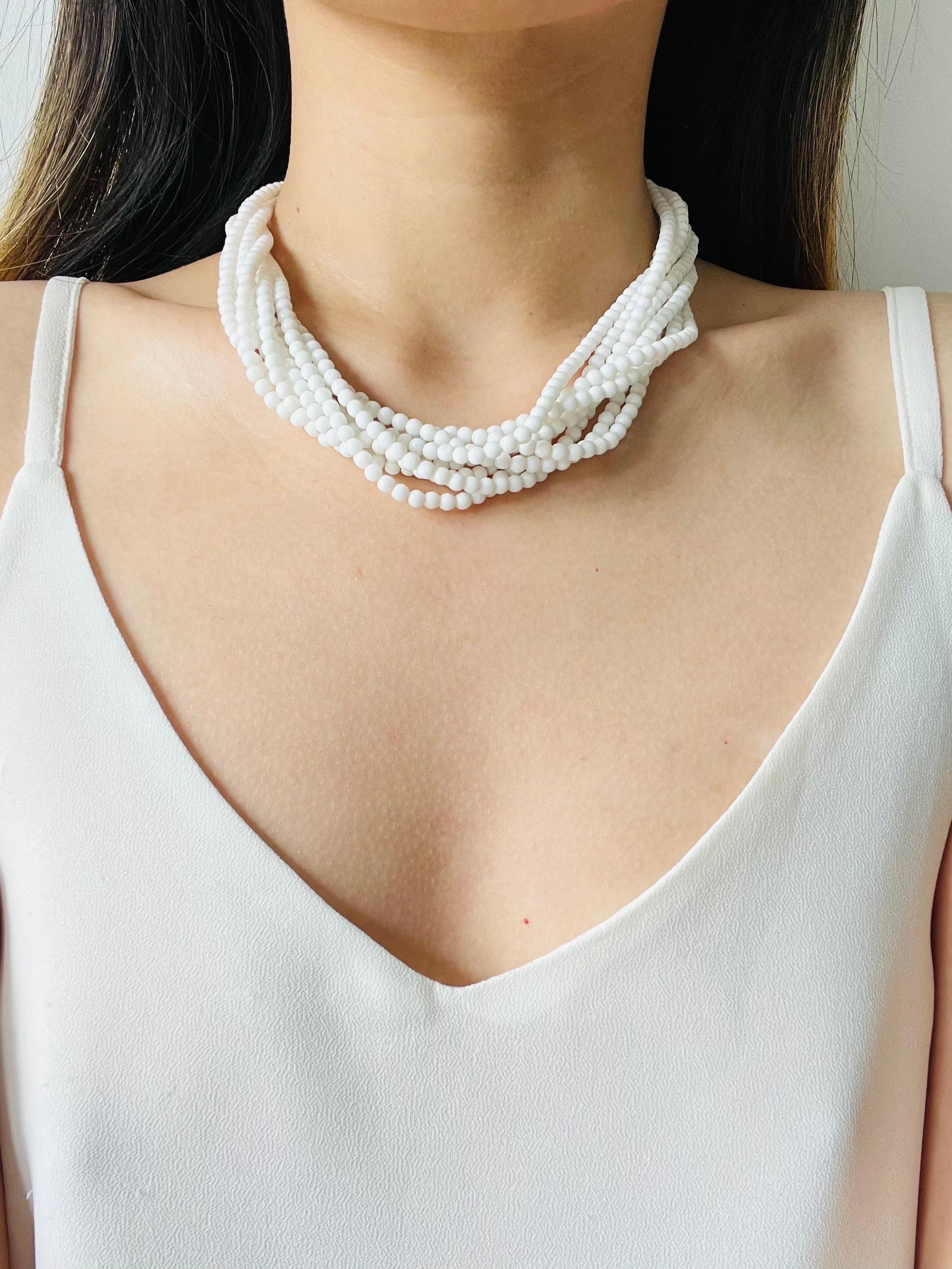 Women's or Men's Christian Dior Vintage 1962 Eight 8 Strands Milk White Glass Bead Layer Necklace