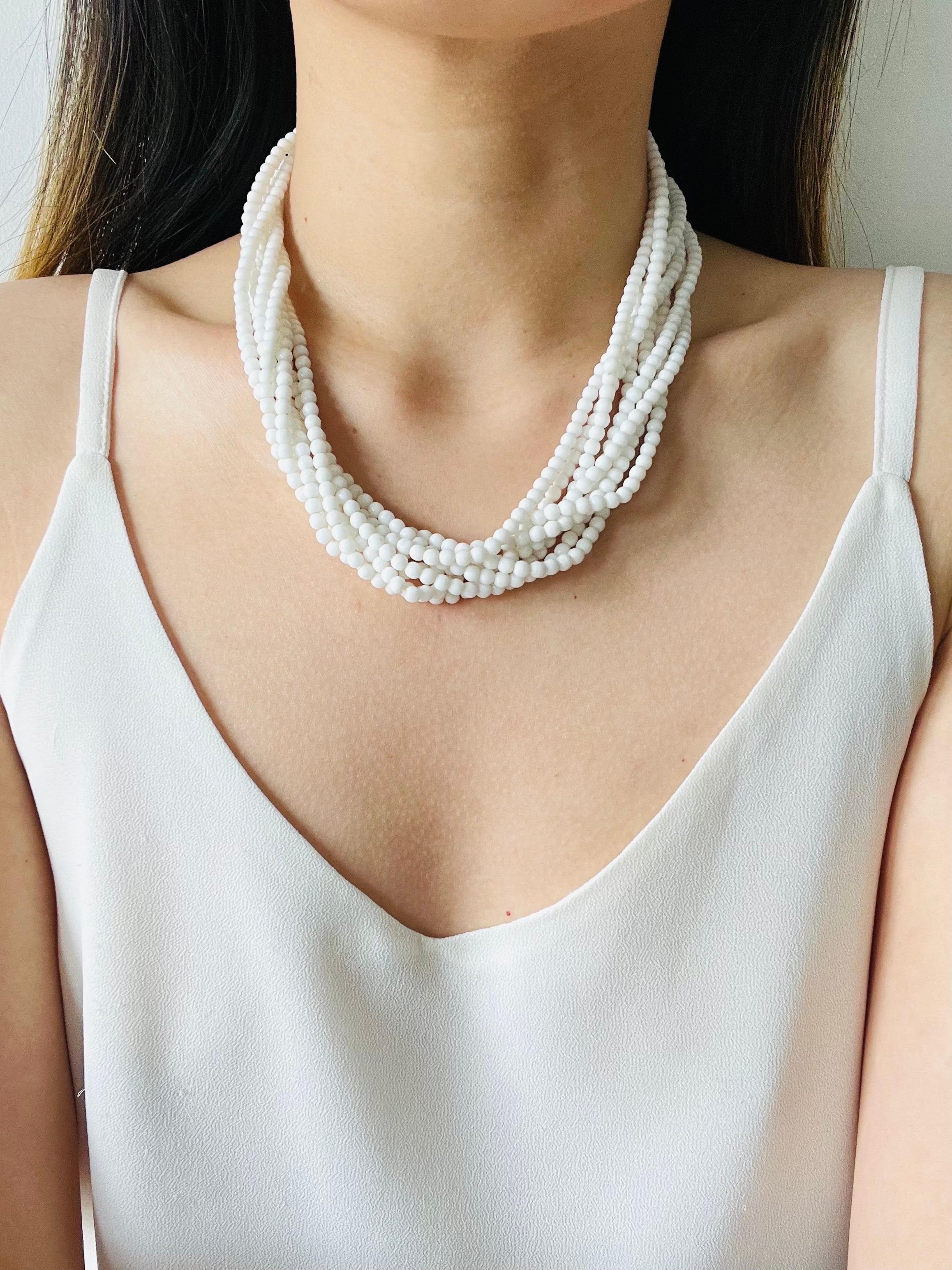 Christian Dior Vintage 1962 Eight 8 Strands Milk White Glass Bead Layer Necklace For Sale 1