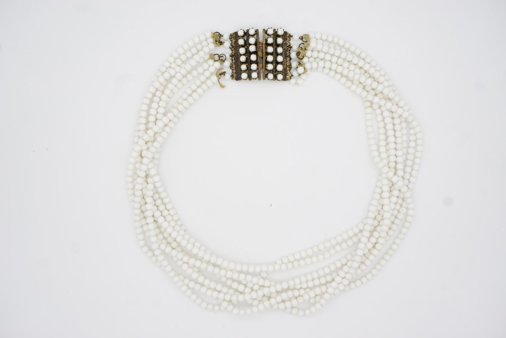 Christian Dior Vintage 1962 Eight 8 Strands Milk White Glass Bead Layer Necklace For Sale 4