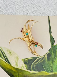 Christian Dior Vintage 1962 GROSSE Unisex Gold Red Ruby Turquoise Leaf Brooch