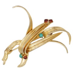 Christian Dior Vintage 1962 GROSSE Unisex Gold Red Ruby Turquoise Leaf Brooch