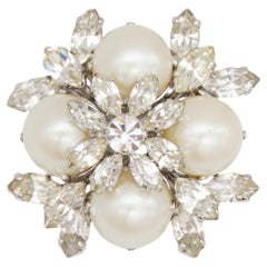 Christian Dior Vintage 1962 Pearls Crystals White Snowflake Flower Round Brooch