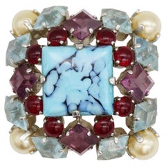 Christian Dior Vintage 1962 Red Blue Pearls Turquoise Amethyst Crystals Brooch
