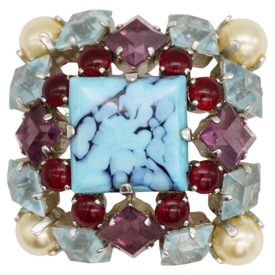 Christian Dior Vintage 1962 Turquesa Amatista Cristales Perlas Broche Cuadrado
