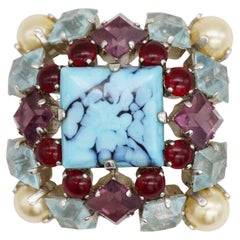 Christian Dior Vintage 1962 Turquoise Amethyst Crystals Pearls Square Brooch