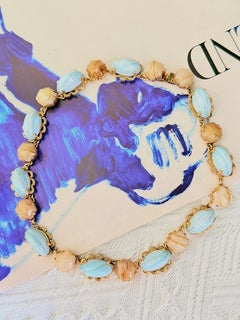 Christian Dior Vintage 1963 – Halskette mit blauen ovalen und braunen sechseckigen Cabochons mit Goldfolie