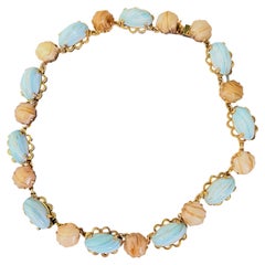 Christian Dior Vintage 1963 – Halskette mit blauen ovalen und braunen sechseckigen Cabochons mit Goldfolie