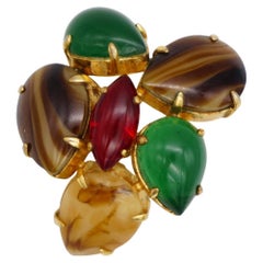 Christian Dior Vintage 1963 Green Jade Brown Ruby Marquise Tear Drop Brooch