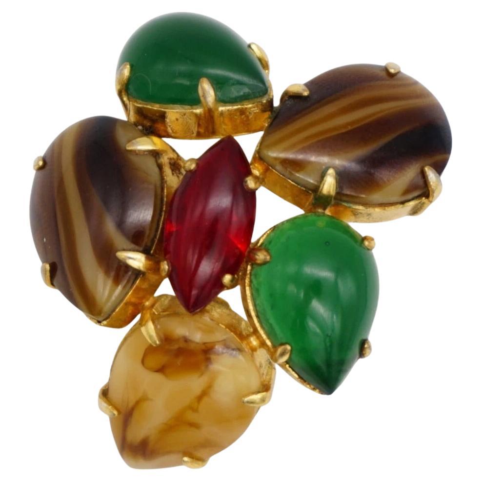 Christian Dior Vintage 1963 Green Jade Brown Ruby Tear Drop Marquise Brooch