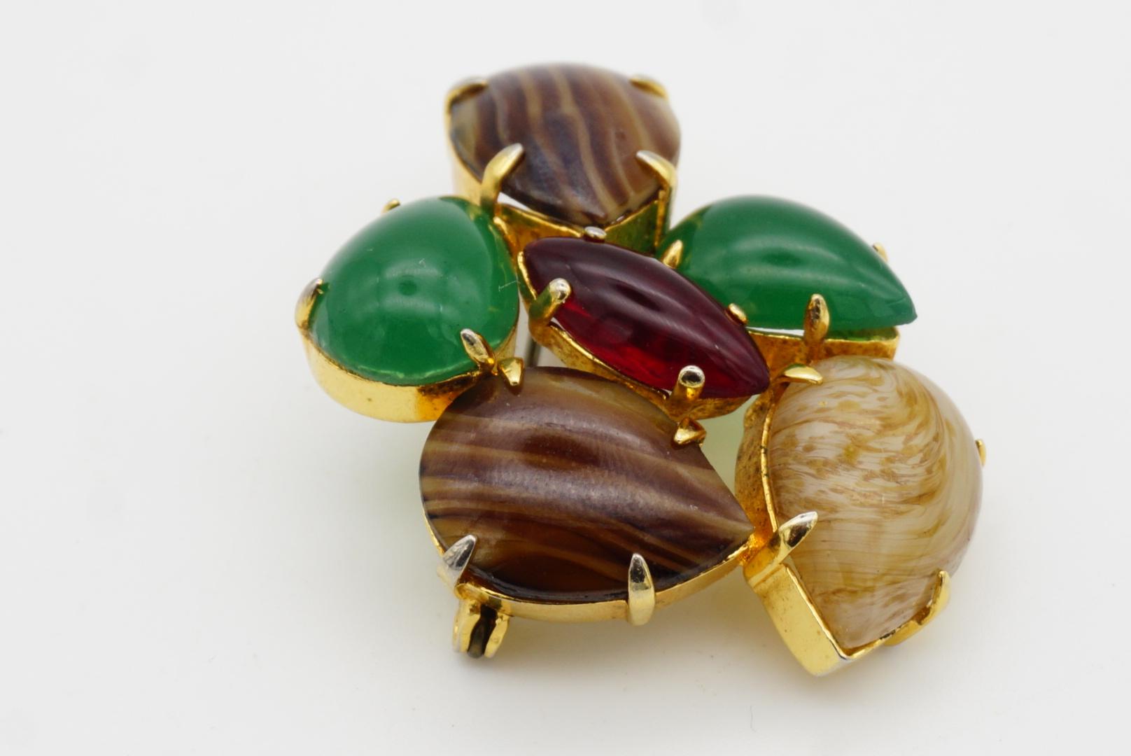 Christian Dior Vintage 1964 Jade Green Brown Ruby Cabochon Patchwork Gold Brooch For Sale 5