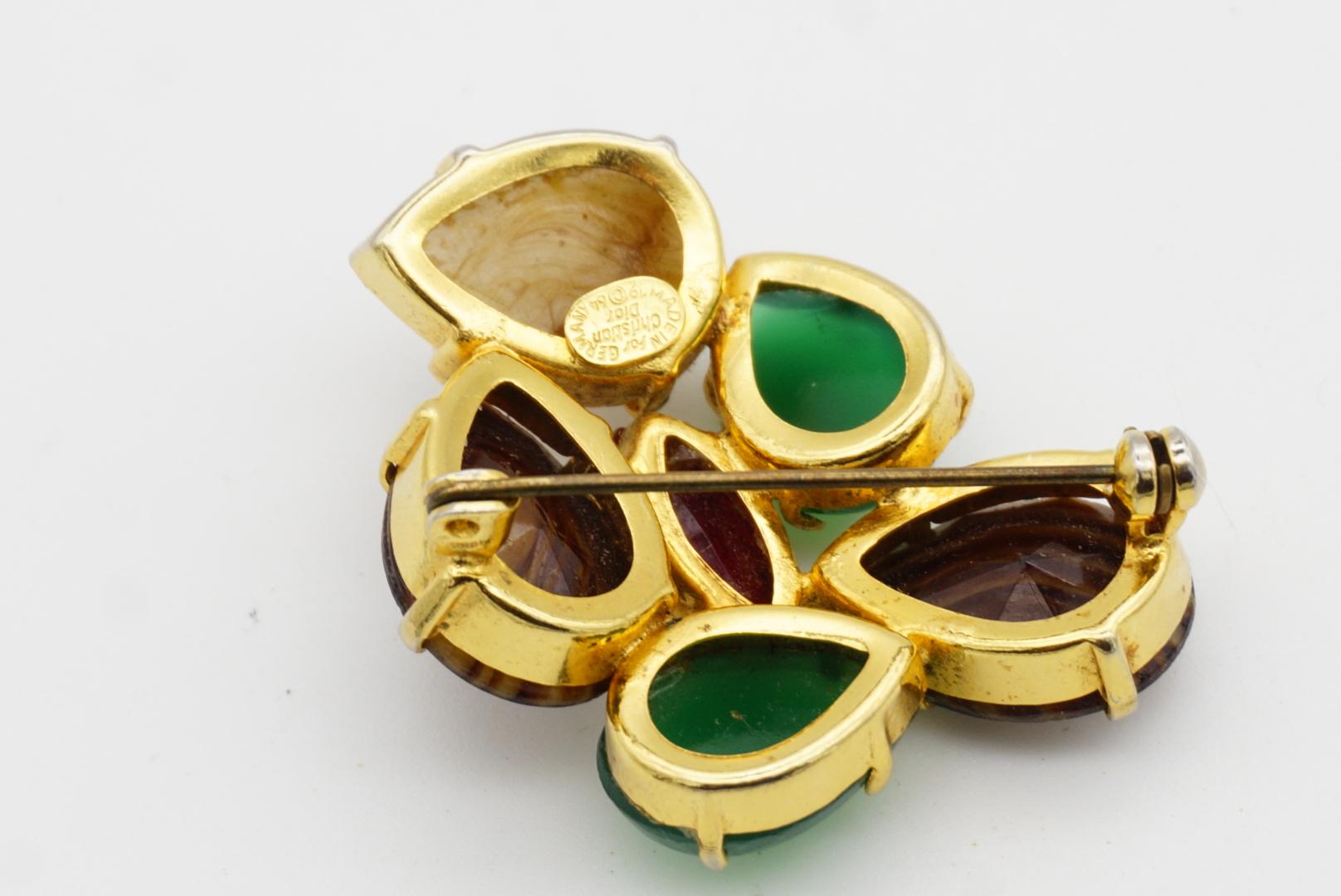 Christian Dior Vintage 1964 Jade Green Brown Ruby Cabochon Patchwork Gold Brooch For Sale 6