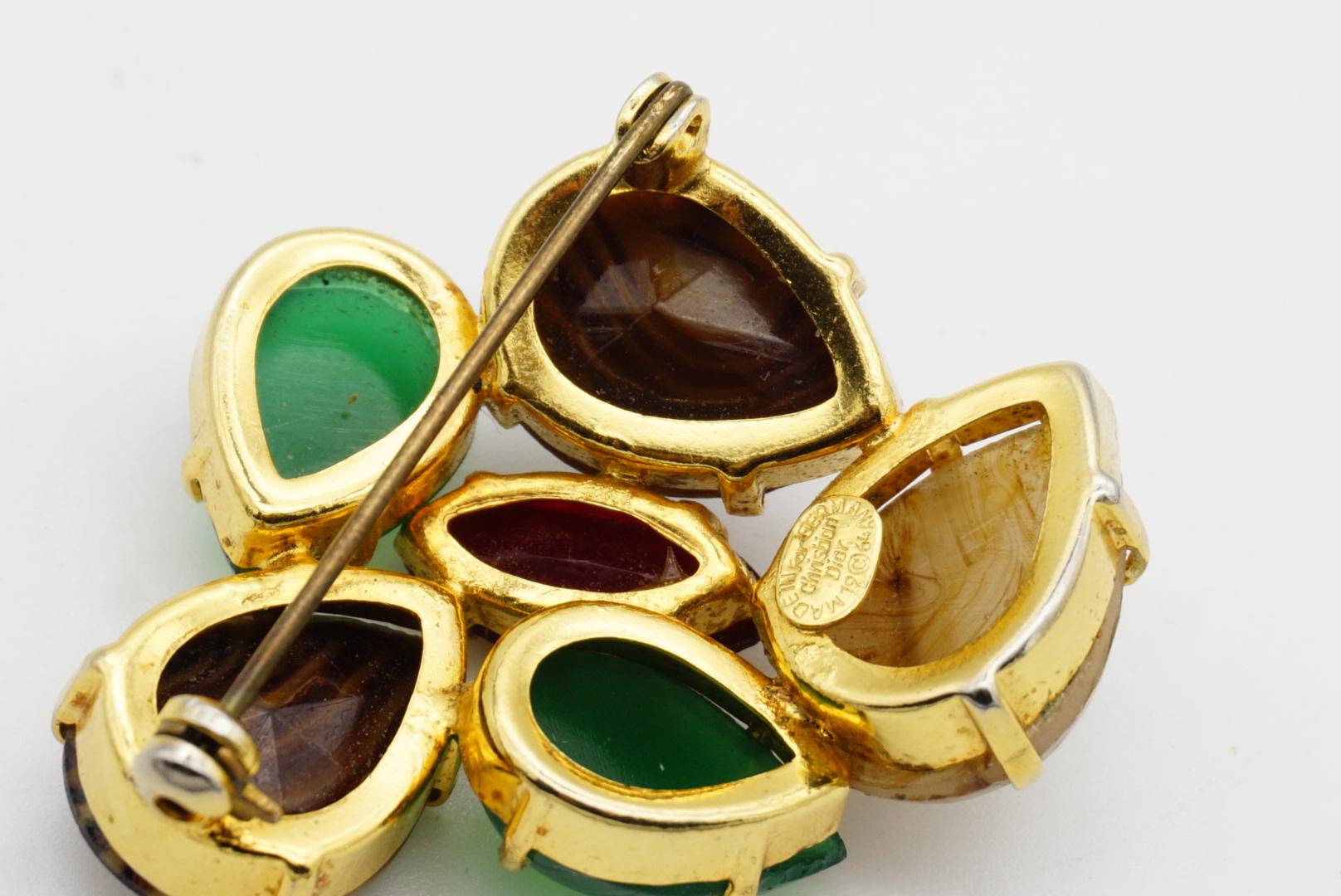 Christian Dior Vintage 1964 Jade Green Brown Ruby Cabochon Patchwork Gold Brooch For Sale 7