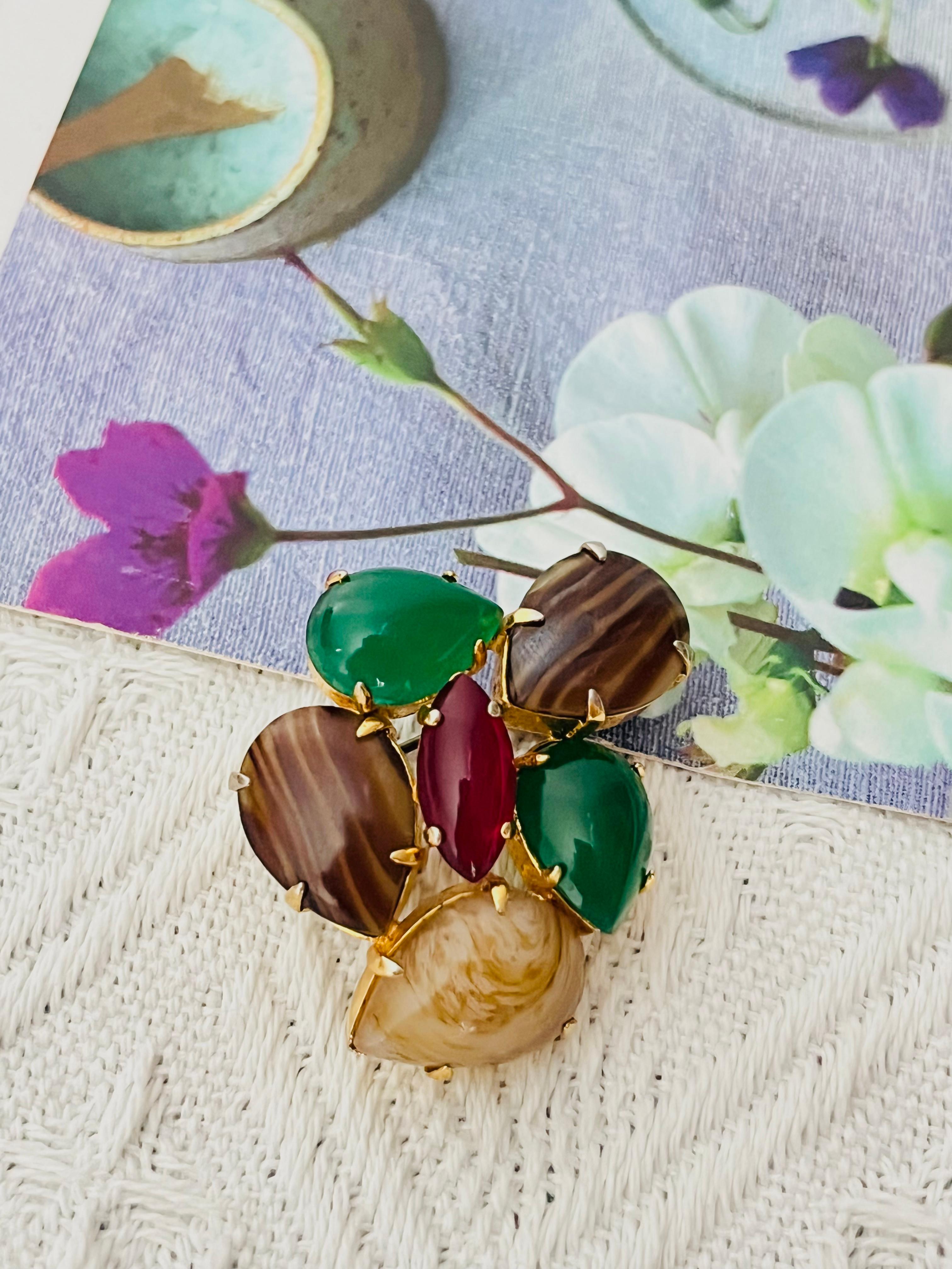 Art Deco Christian Dior Vintage 1964 Jade Green Brown Ruby Cabochon Patchwork Gold Brooch For Sale