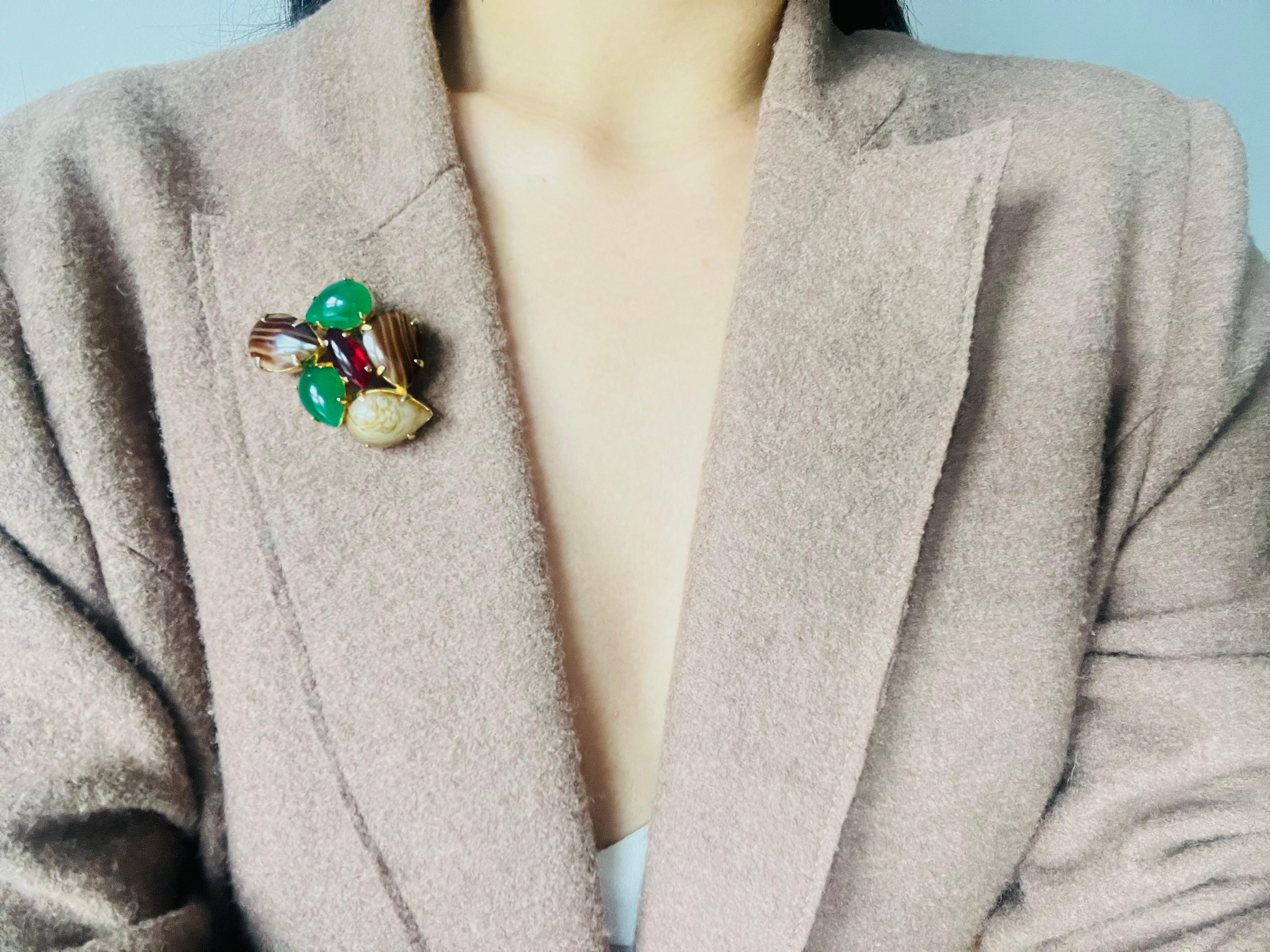 Women's or Men's Christian Dior Vintage 1964 Jade Green Brown Ruby Cabochon Patchwork Gold Brooch For Sale