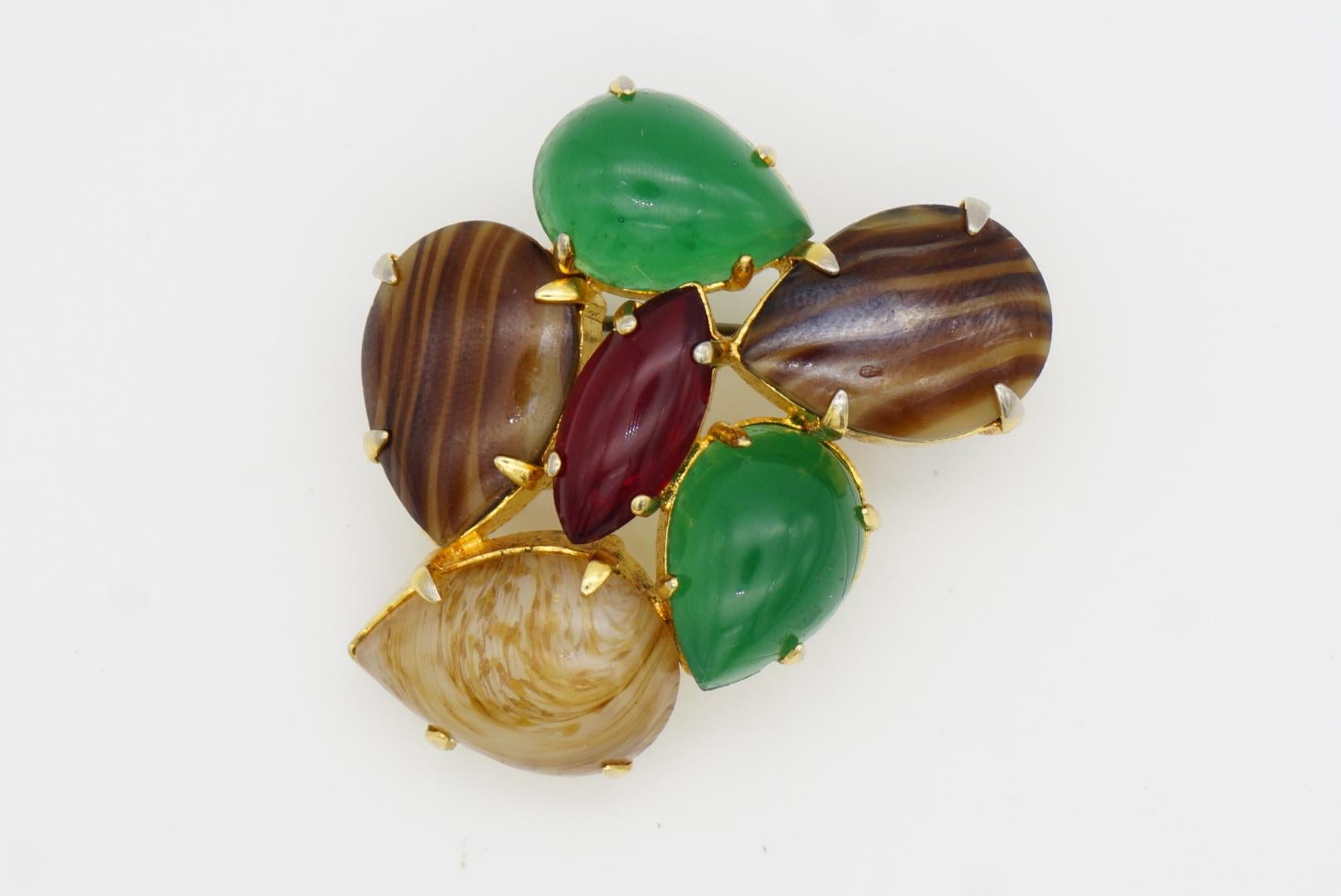 Christian Dior Vintage 1964 Jade Green Brown Ruby Cabochon Patchwork Gold Brooch For Sale 2